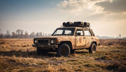 Post apocalyptic armored lifted car with roof rack and stuff