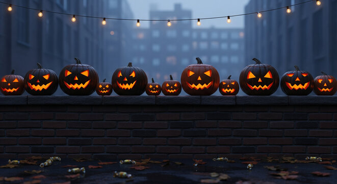 Halloween pumpkins glowing with carved faces in a row spooky and festive.