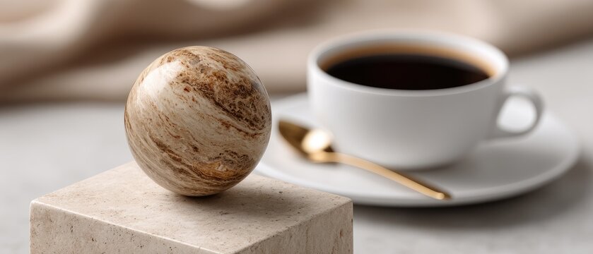 A coffee cup sits on a marble pedestal next to a globe, symbolizing travel and exploration in a simple, elegant setting