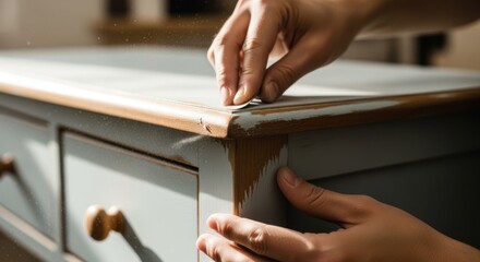 Hands carefully distressing milkpainted dresser edges revealing aged wood and creating timeless rustic effect in sustainable furniture design.