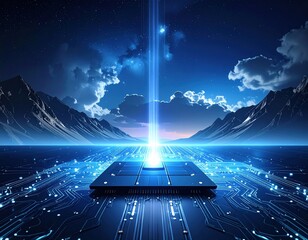Illuminated Microchip Abstract Representation with Blue Light Beam Against Night Sky with Mountain Range