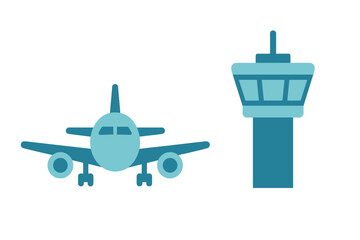 Minimalist icon set showing an airplane and an air traffic control tower for aviation travel