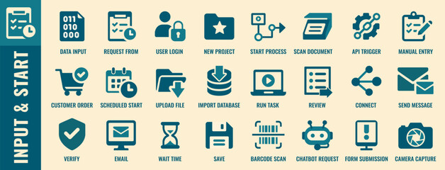 Input and Start Workflow Icons - Duotone Business UI Vector Set (24 Icons)