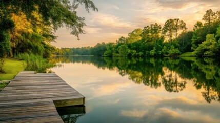 A serene lake surrounded by lush greenery and trees under a cloudy sunrise or sunset sky,