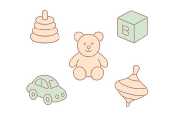 Classic baby and toddler toys collection featuring a teddy bear, stacking rings, and wooden block