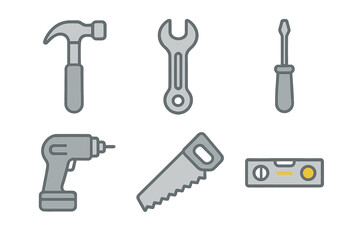 Essential home repair and construction tools including hammer wrench saw and drill