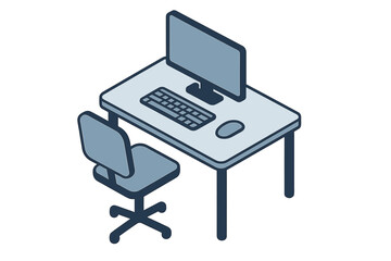 Isometric view of a modern office workspace setup with computer monitor, keyboard, mouse, and ergonomic chair