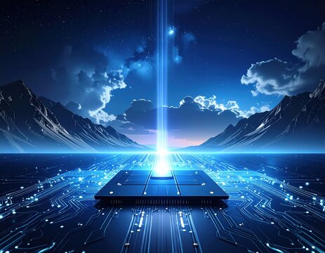 Illuminated Microchip Abstract Representation with Blue Light Beam Against Night Sky with Mountain Range