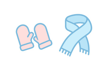 Warm pink mittens and light blue knitted scarf, essential winter clothing accessories