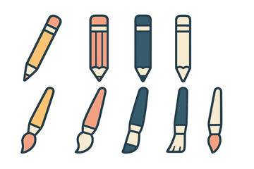 Vibrant collection of stylized pencils and paintbrushes for creative projects