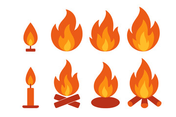 Stylized flat icons depicting various fire flames, burning candles, and campfires