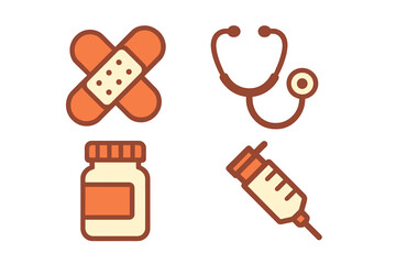 Collection of essential medical tools and healthcare equipment icons featuring stethoscope and syringe