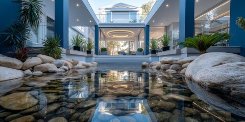 Modern courtyard with koi pond, water lilies and parrot on railing, vibrant scene blending nature and architecture, perfect for lifestyle article, travel feature or design blog