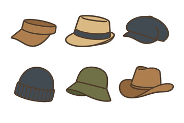 Set of various headwear styles including sun visor, fedora, beanie, bucket hat, and cowboy hat designs