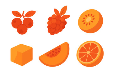 Isometric set of orange and red fruits, berries, citrus, and melon slices