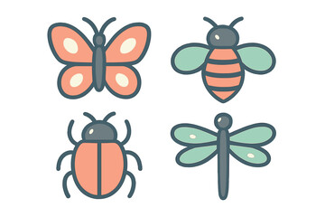 Cute stylized set of four common insect icons: butterfly, bee, ladybug, and dragonfly