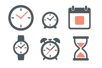 Collection of time and schedule icons including clocks, calendar, wristwatch, and hourglass symbols