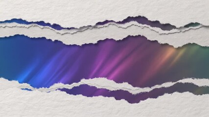 This dynamic abstract animation showcases a textured, light-colored paper tearing open horizontally across the frame, gradually revealing a vibrant, ethereal gradient background. The luminous backdrop