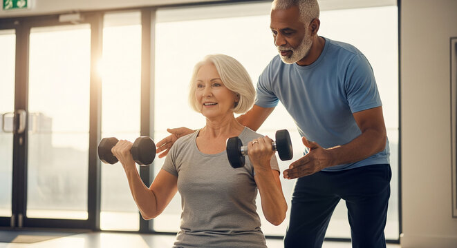 Senior woman smiling while lifting dumbbells with her personal trainer in a sunlit gym, embracing an active and healthy lifestyle - Powered by Adobe