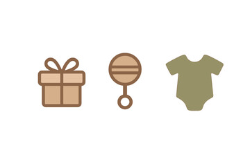 Minimalist baby essentials set featuring a gift box, rattle, and infant bodysuit in neutral colors
