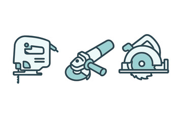 Set of three essential electric power tools: jigsaw, angle grinder, and circular saw icons for construction