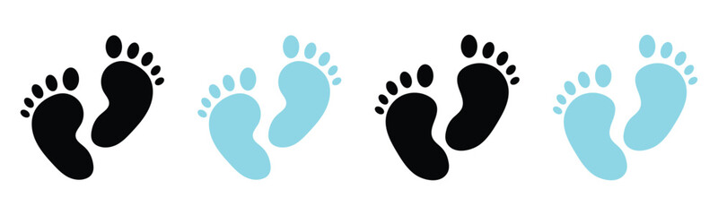 Vector isolated hand drawn baby feet icons on white background. Two colour different shapes footstep. Baby foot print icons on white page. EPS 10. 