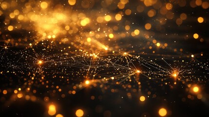 Naklejka premium Abstract gold bokeh background with network lines. Suitable for digital presentations, posters, websites