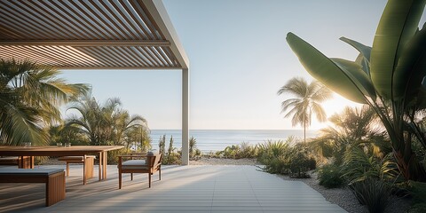 Tropical garden patio with wooden pergola and ocean view at sunset, warm tranquil scene capturing tropical beauty, perfect for travel article, lifestyle feature or outdoor design blog