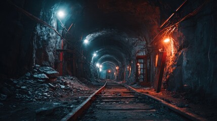 Naklejka premium Dark underground tunnel with tracks and illuminated lights
