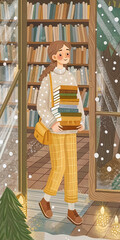 Girl Holding Books — Cozy Library Illustration