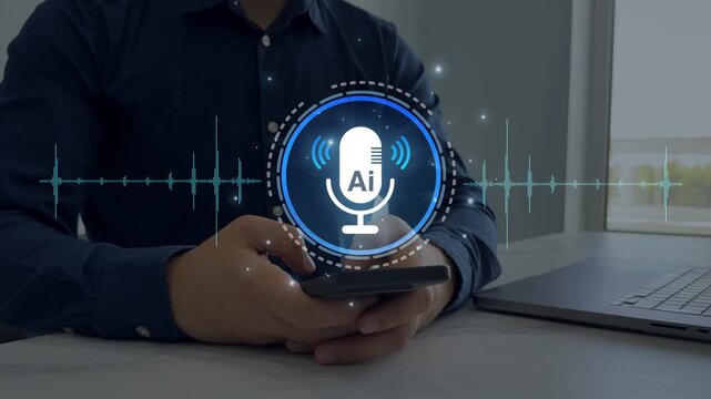 Businessman use Translator Ai Assistant for translate language.	Translate languages technology concept with  Ai Assistant.AI Bot translator using microphone voice.Translator language course and educat