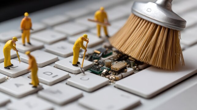Small figures are actively cleaning a laptop keyboard with a brush and cloth, highlighting a scene of detailed maintenance work - Powered by Adobe