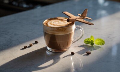 Latte art coffee cup with airplane