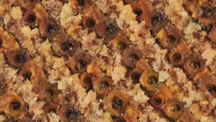 Close-up of a textured surface with various brown, beige, and tan elements arranged diagonally
