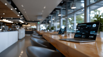 An innovative scene showcasing multiple laptops with glowing digital projections in a trendy workspace, highlighting the intersection of technology and design.