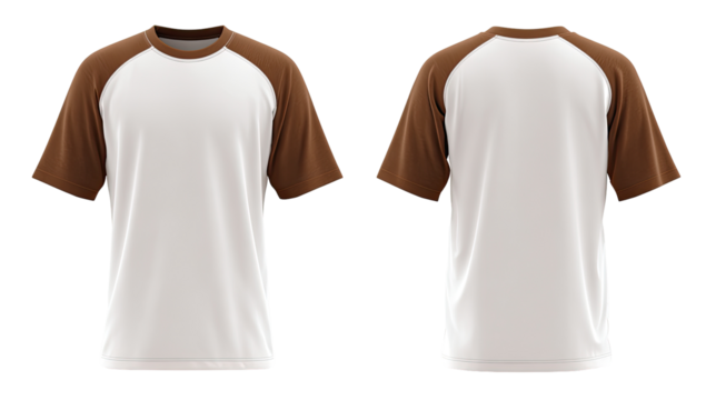 Front and back view of a white t-shirt with brown raglan sleeves (2)