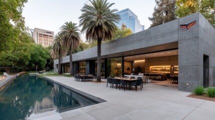 Obraz premium A luxurious backyard showcases a sparkling pool with lounge chairs, surrounded by elegant landscaping in soft evening light