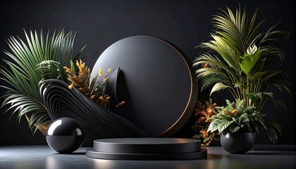 Elegant Black Circular Platform with Tropical Foliage and Decorative Elements on Dark Background