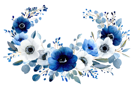 Floral wreath of deep blue and white anemones, greenery - Powered by Adobe