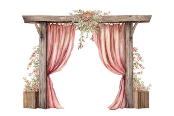 Rustic wedding arch with draped pink fabric and floral embellishments