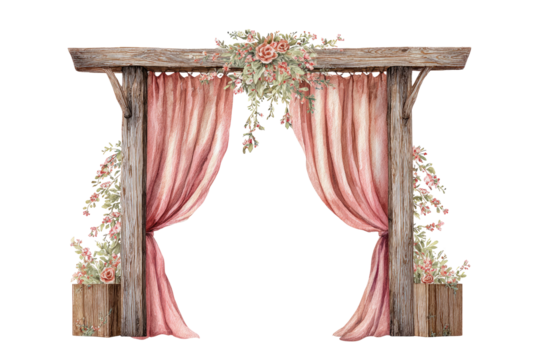 Rustic wedding arch with draped pink fabric and floral embellishments