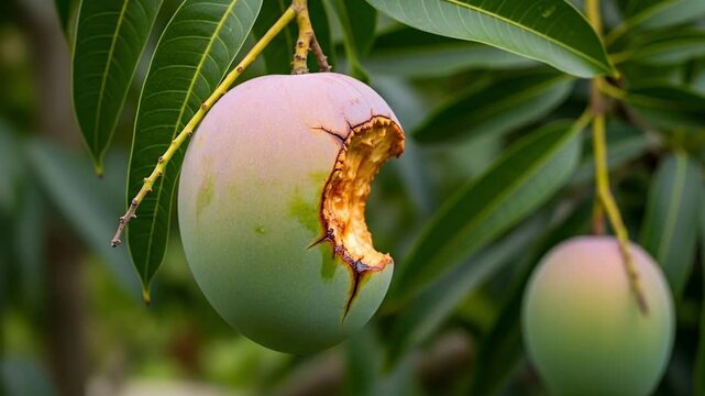 This intimate close-up shot showcases a ripe, vibrant tropical fruit hanging from a lush green tree branch. The fruit exhibits beautiful natural hues, gradually transitioning from verdant green to sof