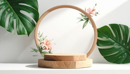Wooden Stage With Floral Decoration And Tropical Green Leaves On White Background