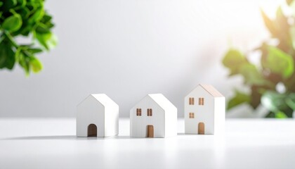 Miniature White Wooden Houses on White Surface with Green Foliage and Bright Sunlight