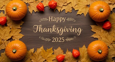 Happy Thanksgiving 2025 border frame top view flat lay with dried leaves and orange pumpkins in celebration of the American holiday
