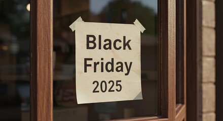 Black Friday 2025 written on a piece of paper on store front sale promotions and discount events