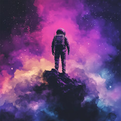 Astronaut among vibrant cosmic clouds in purple haze