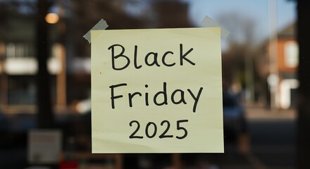 Retail store front with Black Friday 2025 announcement paper in focus. Paper note with Black Friday 2025 text taped to shop window for discount event