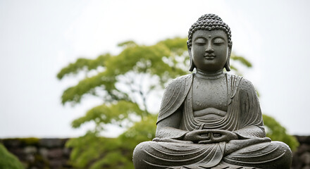 Obraz premium A serene stone Buddha statue sits in a garden, meditating peacefully, with lush greenery in the background.