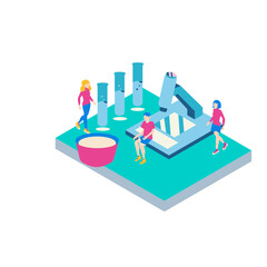 94Science. Isometric science laboratory with people and equipment isolated on white background.